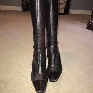 Black leather square toe heeled boots